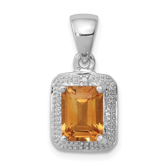 Million Charms Jewelry - 925 Sterling  Silver Rhodium Emerald-cut Citrine & Diamond Charm Pendant